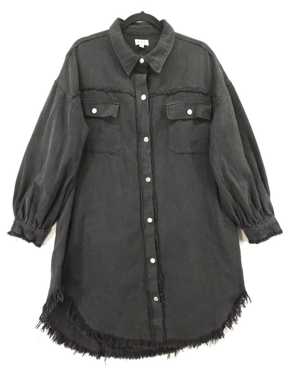 POL Womens Small Black Washed Denim Shacket Frayed Hem Button Front Long Shirt
